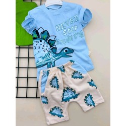 Бебешки летен комплект в светло синьо и бежово с динозаври