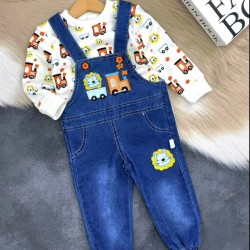 Детски дънков гащеризон и блуза в оранжево с лъв и влакче Детски дънков гащеризон и блуза в оранжево с лъв и влакче