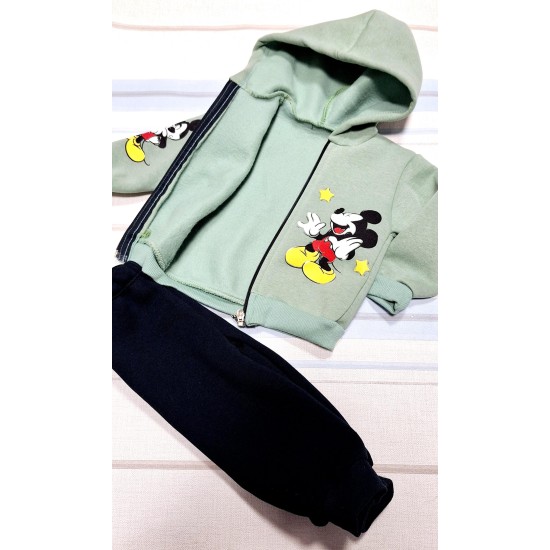 Бебешки ватиран анцуг със зелен суичър с Мики Маус