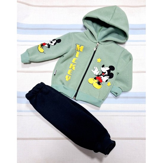 Бебешки ватиран анцуг със зелен суичър с Мики Маус