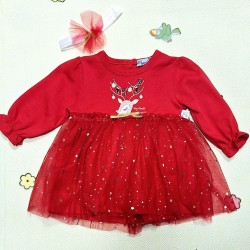 Бебешка Коледна рокля в червено и златисто с тюл Еленче Бебешка Коледна рокля в червено и златисто с тюл Еленче