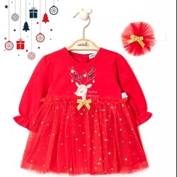 Бебешка Коледна рокля в червено и златисто с тюл Еленче Бебешка Коледна рокля в червено и златисто с тюл Еленче