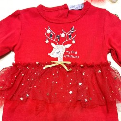 Бебешки Коледен гащеризон в червено и тюл с еленче