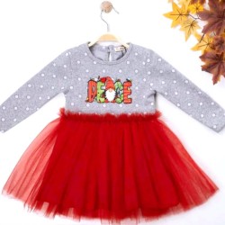 Детска Коледна рокля в сиво на точки и червен тюл Детска Коледна рокля в сиво на точки и червен тюл