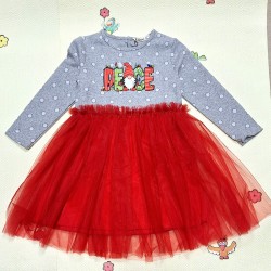 Детска Коледна рокля в сиво на точки и червен тюл Детска Коледна рокля в сиво на точки и червен тюл