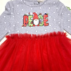 Детска Коледна рокля в сиво на точки и червен тюл Детска Коледна рокля в сиво на точки и червен тюл