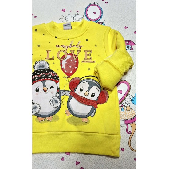 Детска ватирана блуза в жълто с пингвини