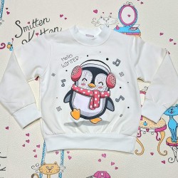 Детска леко ватирана блуза в бяло с пингвинче Детска леко ватирана блуза в бяло с пингвинче