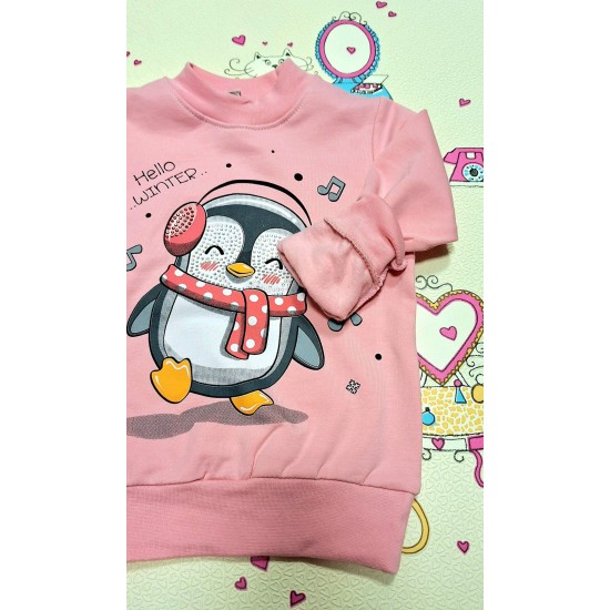 Детска ватирана розова блуза с пингвин