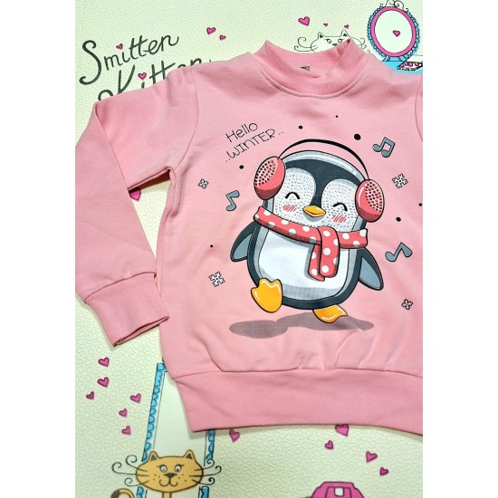 Детска ватирана розова блуза с пингвин