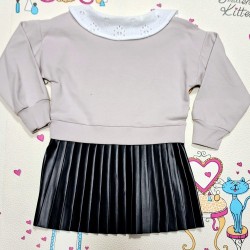 Детска рокля в сиво и черна кожа с якичка