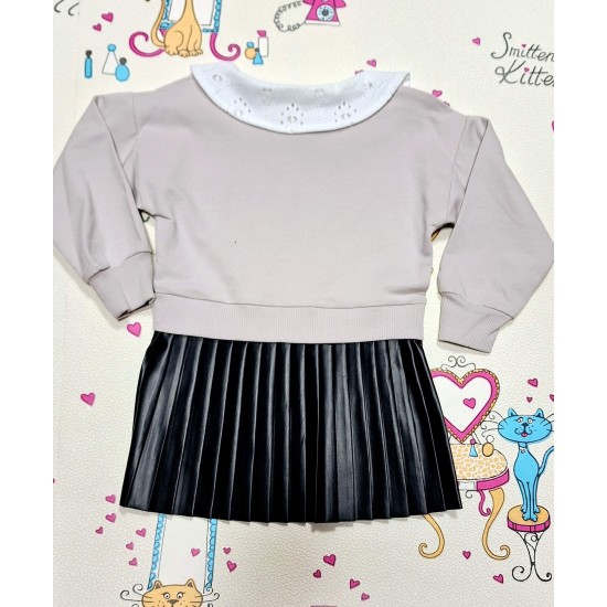 Детска рокля в сиво и черна кожа с якичка