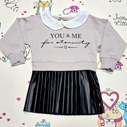 Детска рокля в сиво и черна кожа с якичка Детска рокля в сиво и черна кожа с якичка