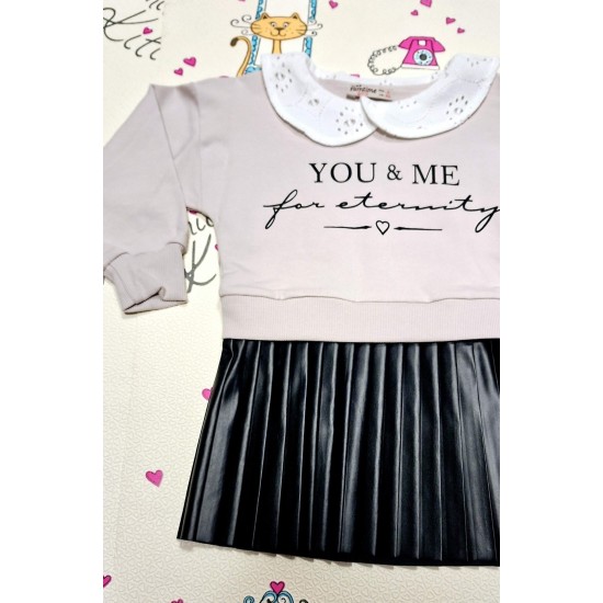 Детска рокля в сиво и черна кожа с якичка