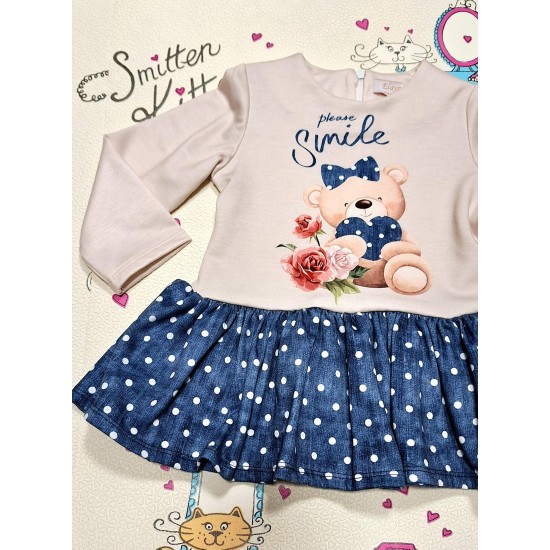 Детска рокля в бежово и дънково на бели точки с мече