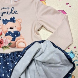 Детска рокля в бежово и дънково на бели точки с мече Детска рокля в бежово и дънково на бели точки с мече