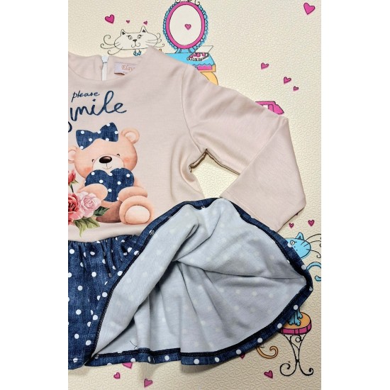 Детска рокля в бежово и дънково на бели точки с мече