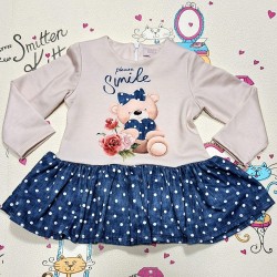 Детска рокля в бежово и дънково на бели точки с мече