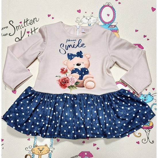 Детска рокля в бежово и дънково на бели точки с мече