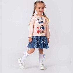 Детска рокля в бежово и дънково на бели точки с мече Детска рокля в бежово и дънково на бели точки с мече