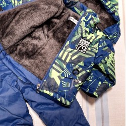 Зимен бебешки шушляков ватиран комплект в синьо и зелено с гащеризон