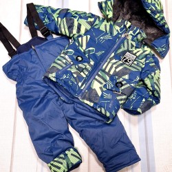 Зимен бебешки шушляков ватиран комплект в синьо и зелено с гащеризон Зимен бебешки шушляков ватиран комплект в синьо и зелено с гащеризон