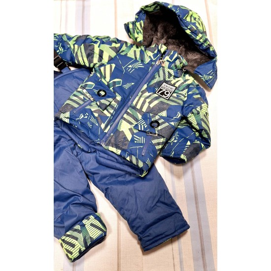 Зимен бебешки шушляков ватиран комплект в синьо и зелено с гащеризон Зимен бебешки шушляков ватиран комплект в синьо и зелено с гащеризон