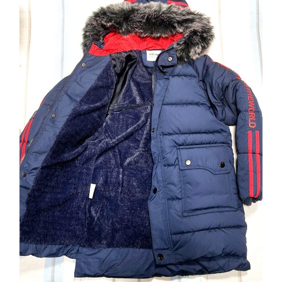 Детско зимно дълго яке с пухкава подплата в тъмносиньо Детско зимно дълго яке с пухкава подплата в тъмносиньо