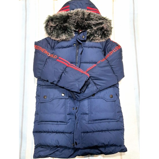 Детско зимно дълго яке с пухкава подплата в тъмносиньо Детско зимно дълго яке с пухкава подплата в тъмносиньо