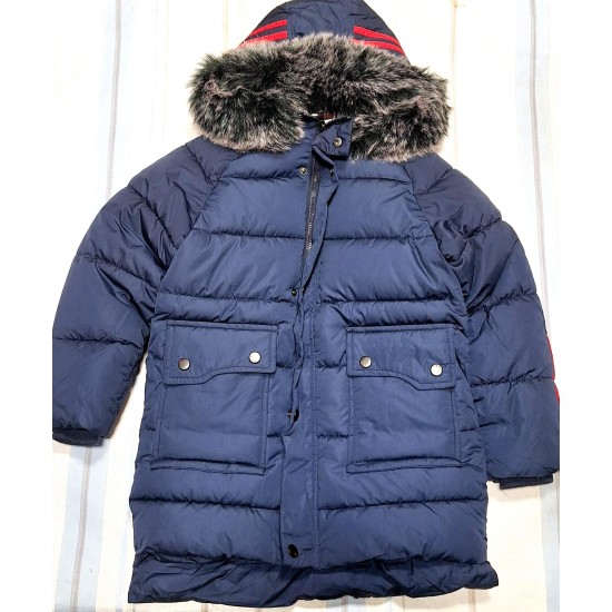 Детско зимно дълго яке с пухкава подплата в тъмносиньо Детско зимно дълго яке с пухкава подплата в тъмносиньо