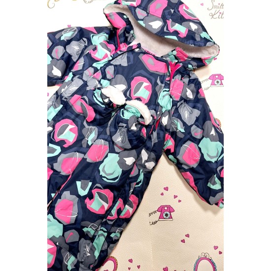 Детски зимен космонавт в тъмносиньо и розово с ръкавички