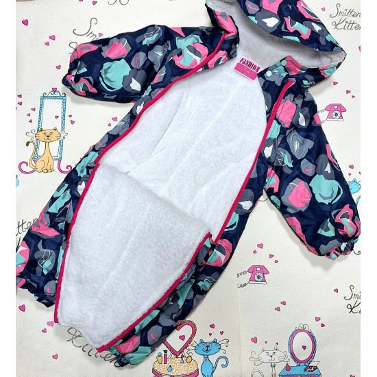 Детски зимен космонавт в тъмносиньо и розово с ръкавички