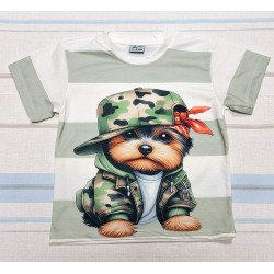 Детска лятна тениска с кученце в камуфлажни дрехи