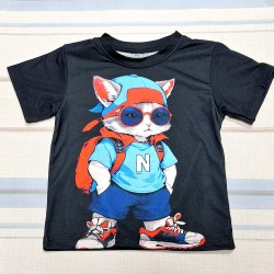 Детска лятна тениска с котарак с раница и очила Детска лятна тениска с котарак с раница и очила