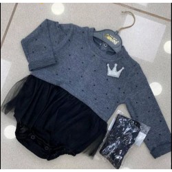 Бебешка боди рокля в сиво на точки с черен тюл и чорапогащник