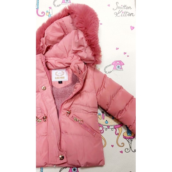Детско зимно пухкаво яке с качулка в пудра/розово Детско зимно пухкаво яке с качулка в пудра/розово