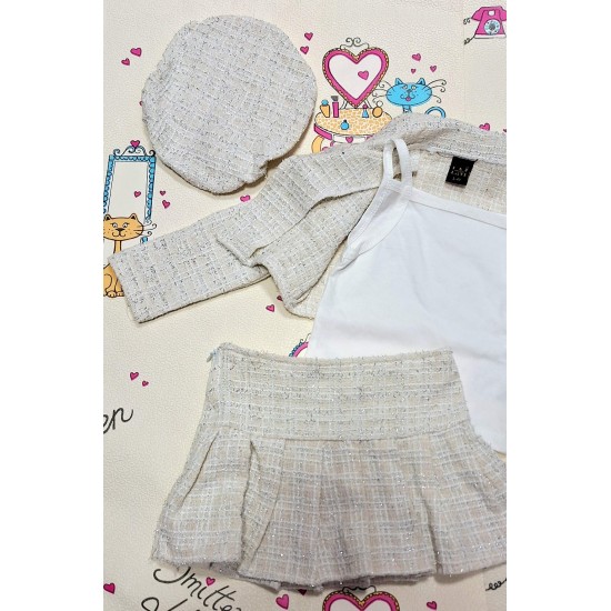 Луксозен детски комплект от сако,пола и барета от туид