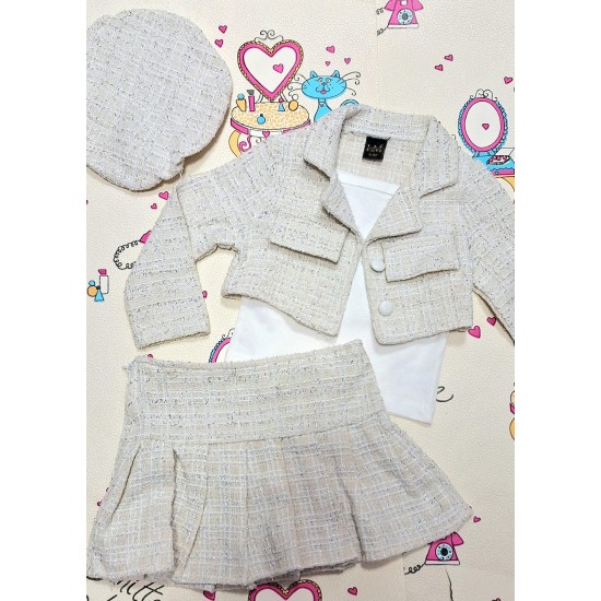 Луксозен детски комплект от сако,пола и барета от туид