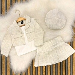 Луксозен детски комплект от сако,пола и барета от туид