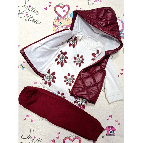 Бебешки комплект в бордо и бяло с елек от 3части
