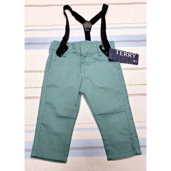 Детски памучен панталон в зелено с тиранти