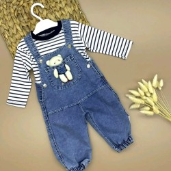 Бебешки дънков гащеризон с блуза и играчка Мече Бебешки дънков гащеризон с блуза и играчка Мече