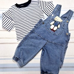 Бебешки дънков гащеризон с блуза и играчка Мече