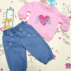 Бебешки комплект с розова блуза и дънки  Сърчице