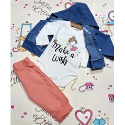 Бебешки комплект с дънково яке с качулка и къдрички Феята Бебешки комплект с дънково яке с качулка и къдрички Феята