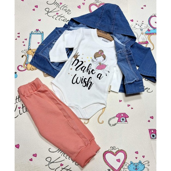 Бебешки комплект с дънково яке с качулка и къдрички Феята Бебешки комплект с дънково яке с качулка и къдрички Феята