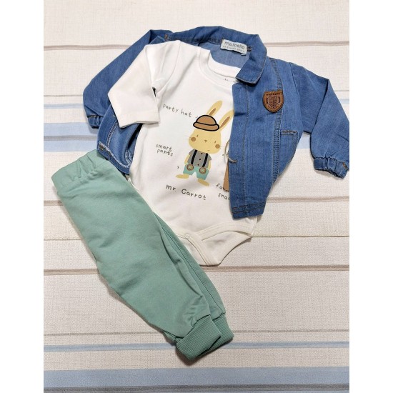 Бебешки комплект с дънково яке,боди и долнище Зайко Бебешки комплект с дънково яке,боди и долнище Зайко