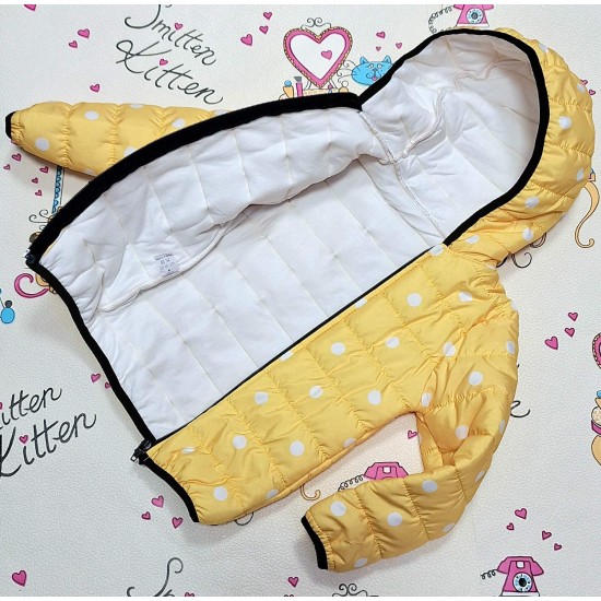 Детско преходно олекотено яке в жълто на бели точки с качулка