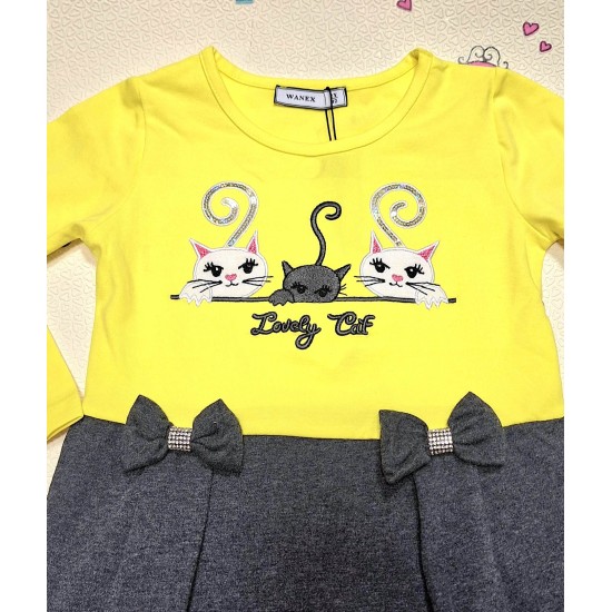 Детска рокля в жълто и сиво  Котета