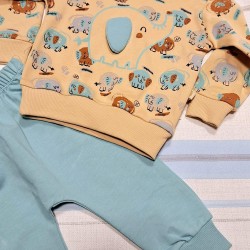 Бебешки памучен комплект в синьо и бежово  Слончета